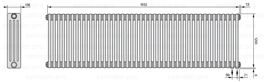 Схема (чертеж) Радиатор Zehnder Charleston 4120/42 №5510 Белый глянцевый RAL 9016